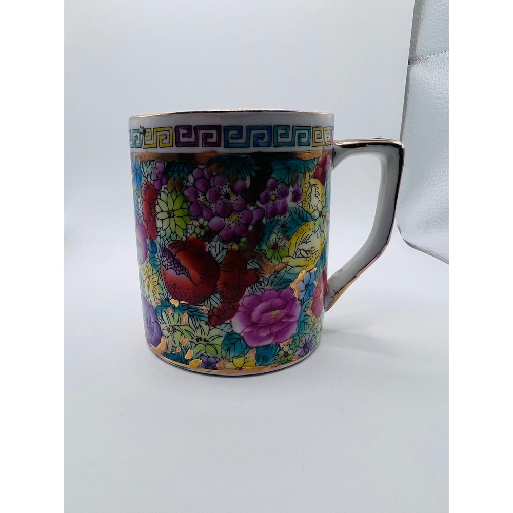 Vintage Chinese Rose‎ Medallion Porcelain Mug Hand Painted Colorful Gold Asian